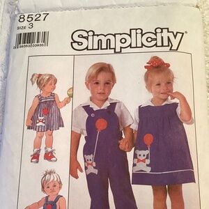 Vintage! 1988 SIMPLICITY PATTERN #8527… Child’s Dress, overalls… size 3…cut